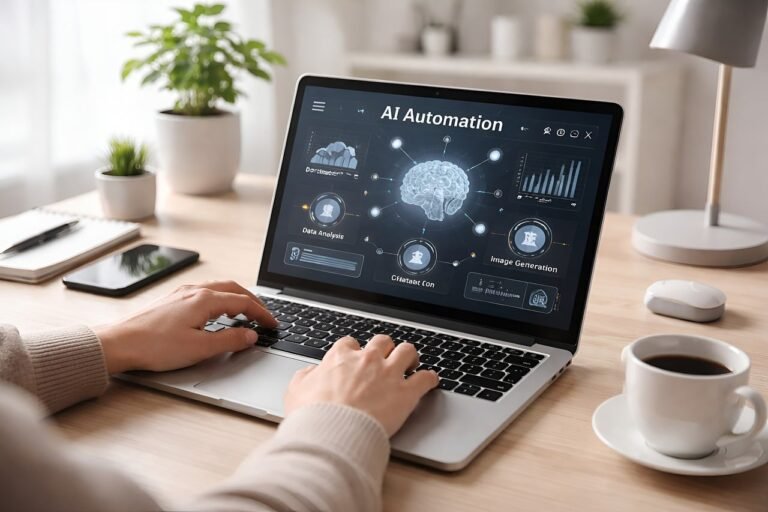IA vai substituir empregos: profissional trabalhando ao lado de um assistente de inteligência artificial em um escritório moderno