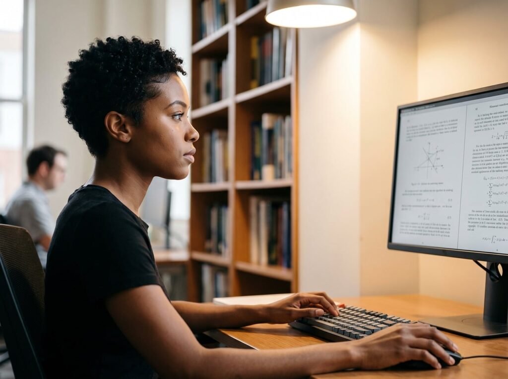 Estudante usando ferramentas de IA para pesquisa acadêmica no notebook, cercado de artigos científicos
